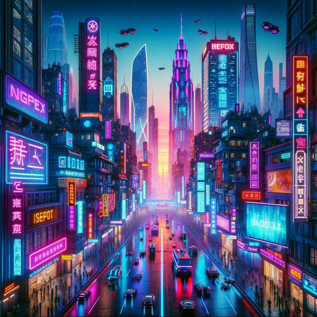 The neon cyberpunk cityscape at dusk is ready for you to view.