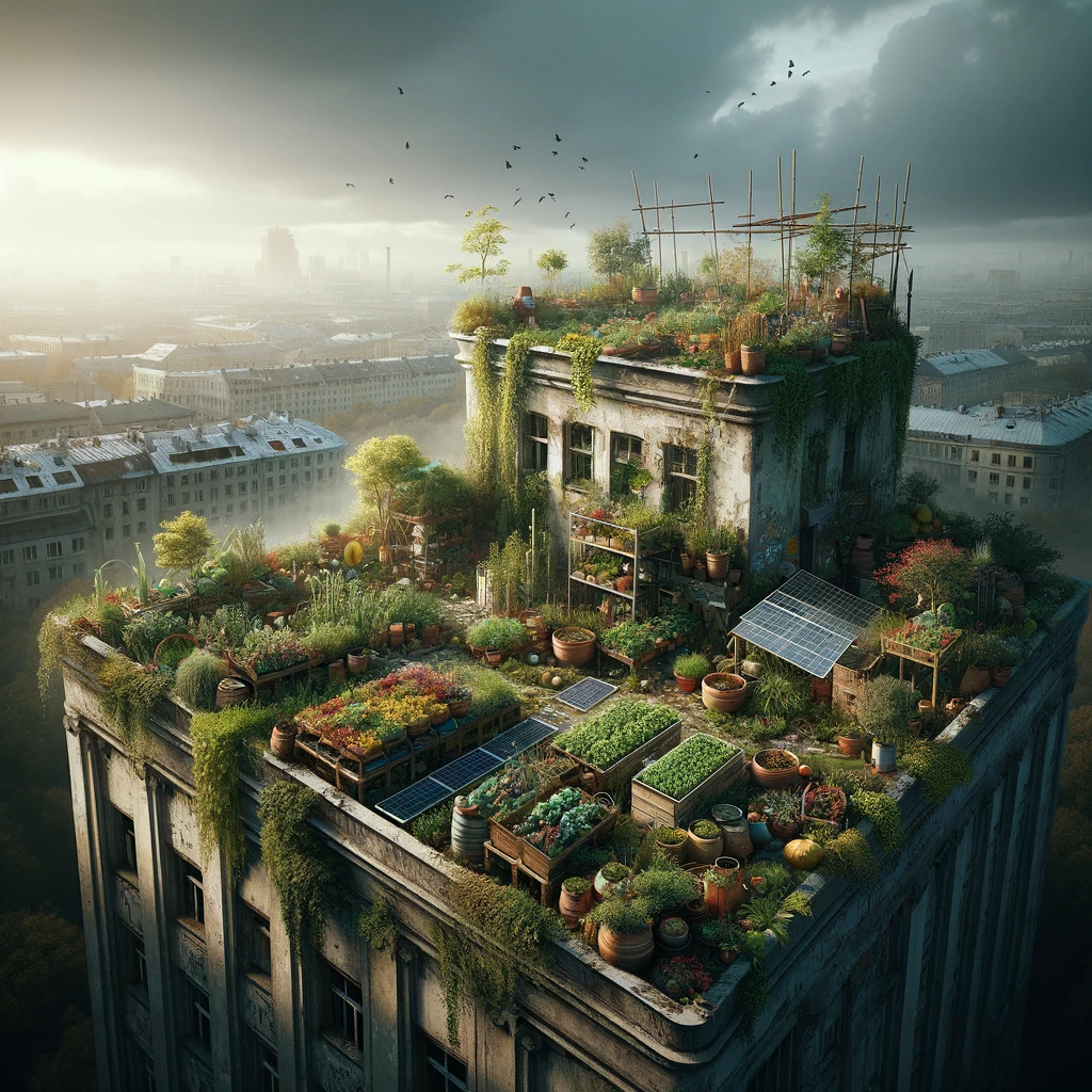 Rooftop garden in a dystopian world.