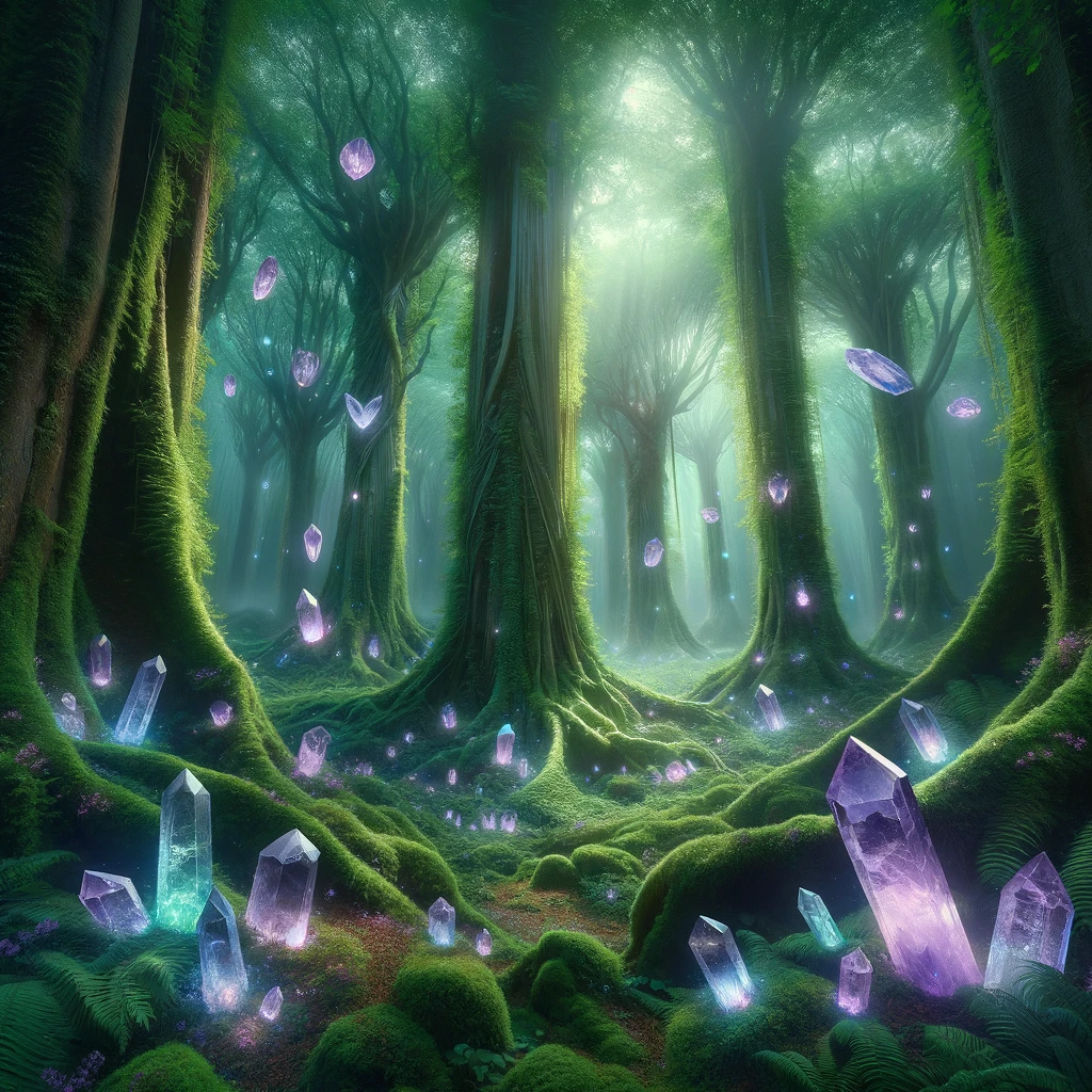 Mystical forest with floating crystals.