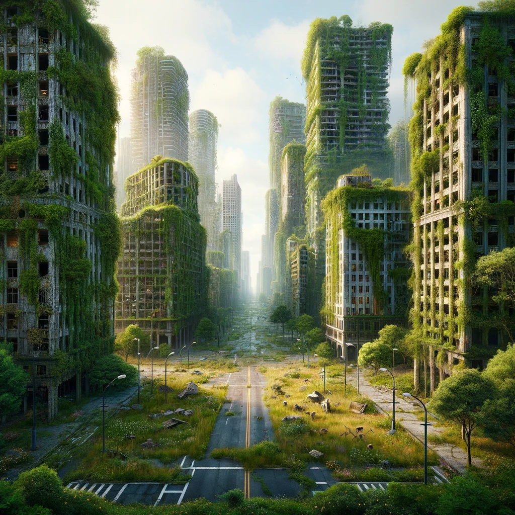 Post-apocalyptic city reclaimed by nature.
