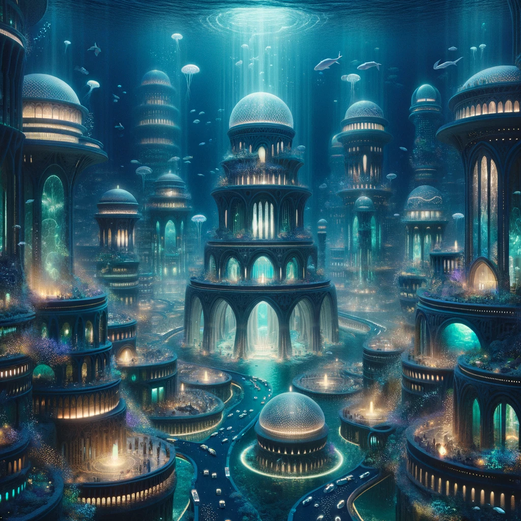 Underwater city glowing with bioluminescent life.